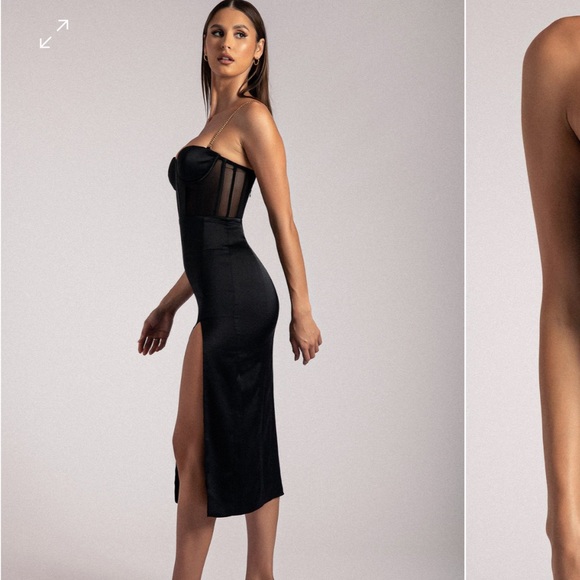 MESHKI Talisa Chain Strap Split Corset MIDI Dress in Black - Picture 6 of 8